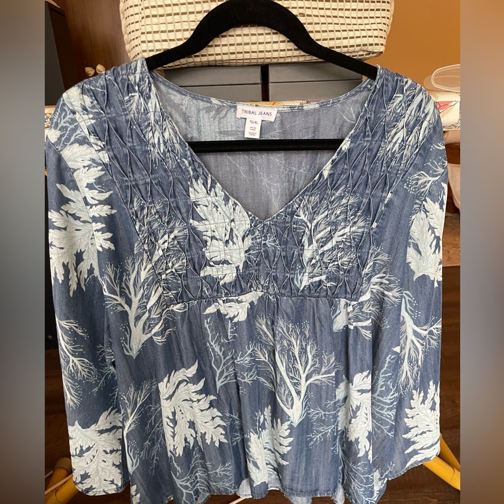 Tribal Jeans Smocked Printed Blouse